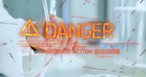 Lab Danger Warning Showing Chemist Adding Liquid with Immediate Action Required