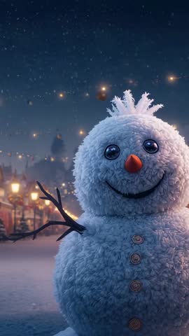 Vertical video featuring snowman smiling amid falling snow, market lights glowing, festive night
