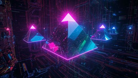 Neon Holographic Pyramids Over Digital Circuit Grid for Futuristic Tech and AI Concepts