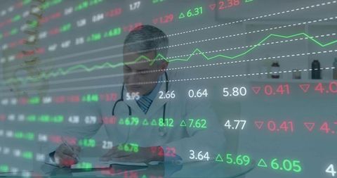 Doctor Analyzing Healthcare Data with Stock Market Overlay