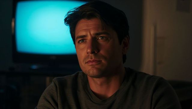 Contemplative man watching television under cyan backlight, moody cinematic portrait