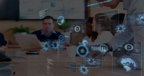 Collaborating team using ar analytics and holographic interfaces during business meeting
