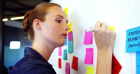 Focused Businesswoman Writing Ideas on Sticky Notes at Office Meeting