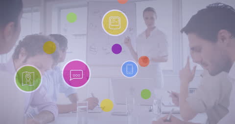 Diverse Team Collaborating with Digital Icons Visual Overlay