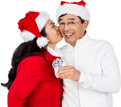 Festive Joyful Senior Couple Celebrating Christmas with Small Gift in Transparent Background