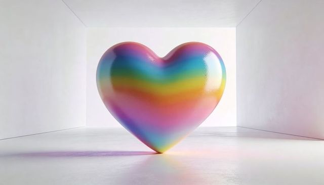 Glossy rainbow heart sculpture reflecting iridescent light casting color hues in minimal white space
