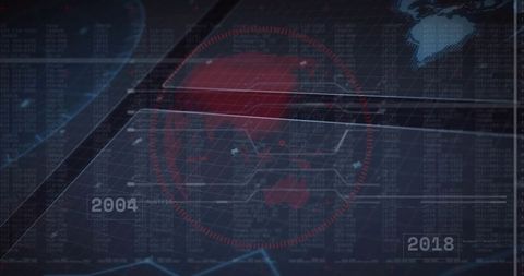 Futuristic HUD Displaying Red Target Globe Over Data Grid Timeline 2004-2018