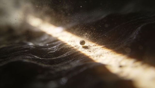 Microscopic sphere balancing on illuminated diagonal trench with sparkling dust and rippling granule