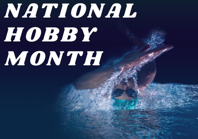 Digital composite image of national hobby month text over sportsman swimming in pool. symbol and sports.