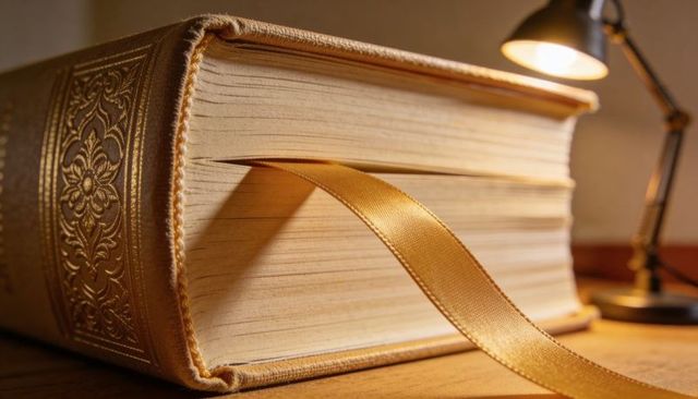 Antique Gilded Hardcover Book with Golden Ribbon Bookmark under Warm Desk Lamp