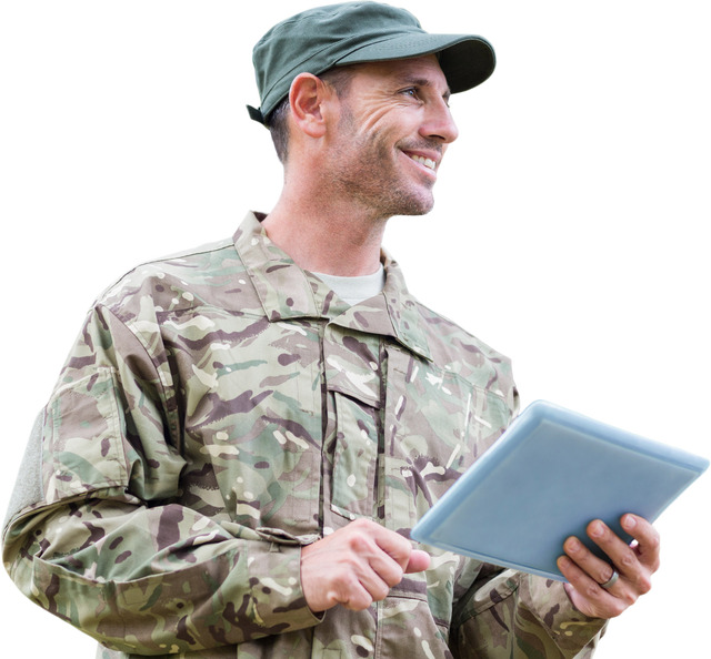 Smiling Army Man Holding Digital Tablet Wearing Camouflage Uniform - Transparent Background - Download Free Stock Videos Pikwizard.com