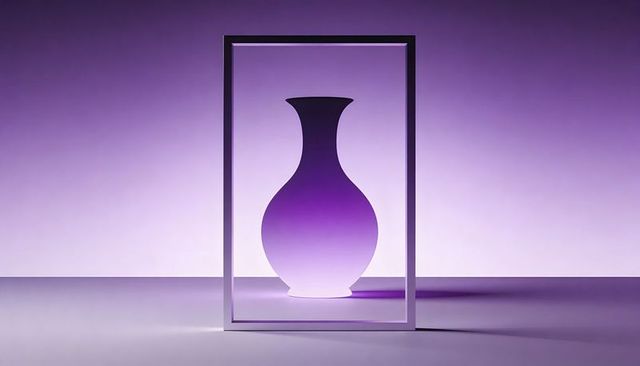 Framed backlit vase silhouette on purple gradient plinth creating minimalist geometry