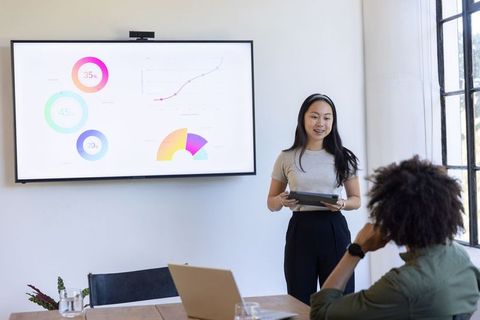 Colleagues Presenting Data and Collaborating in Modern Office