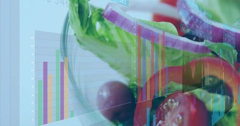 Combining fresh salad ingredients with colorful data charts for food analytics concept