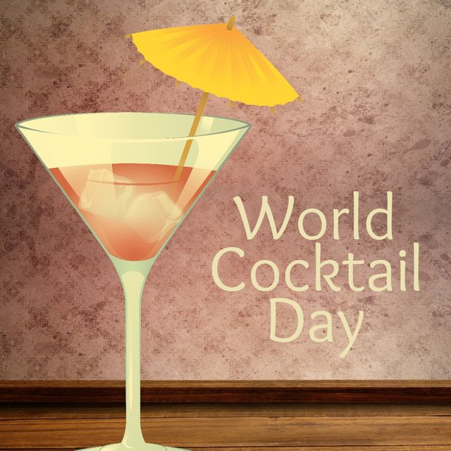 World cocktail day text banner and cocktail icon over wooden surface against textured background. world cocktail day awareness concept