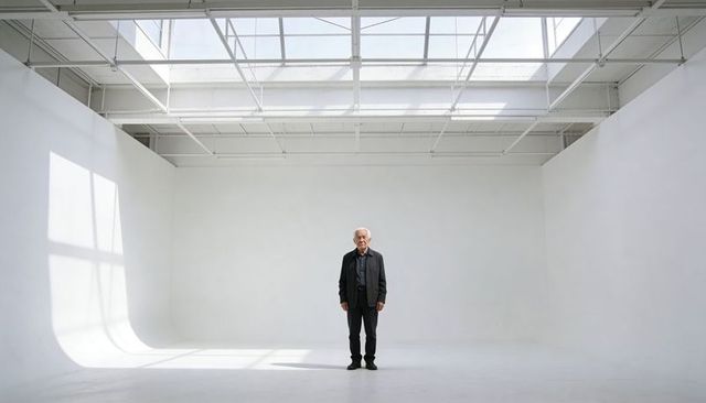 Senior man standing in minimal white cyclorama under skylight with negative space