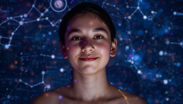 Teen gazing through projected starfield and constellations on bare shoulders