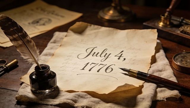 July 4, 1776 calligraphy on aged parchment with quill, inkwell and dip pen for patriotic designs