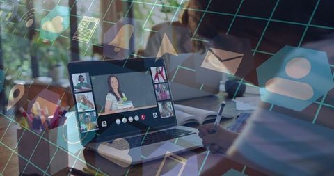 Woman taking notes during remote learning on laptop with app icons and digital overlay