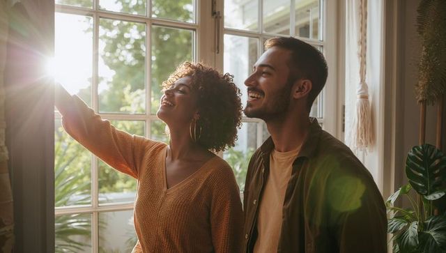 Couple enjoying warm golden hour sunlight through large window in cozy home with plants