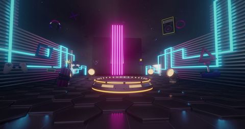 Neon Gaming Stage with Vibrant Lights and 3D Elements