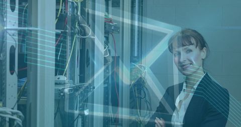 Confident Woman in Server Room with Digital Interface Overlay - Download Free Stock Images Pikwizard.com