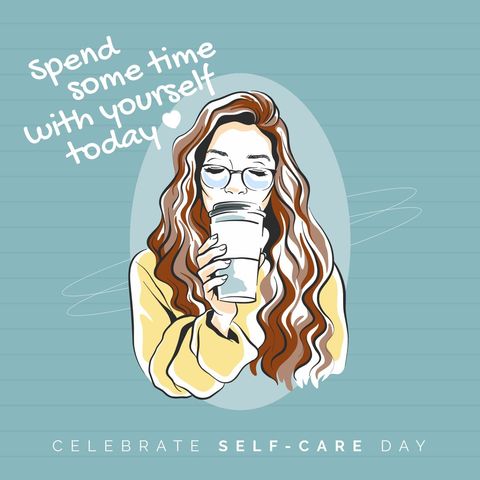 Illustration of woman enjoying coffee promotes self-care day