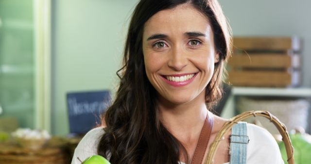 Smiling Woman Shopping for Groceries at Local Market - Download Free Stock Images Pikwizard.com