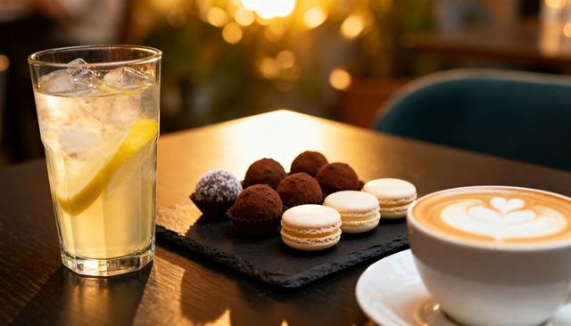 Slate board with chocolate truffles, vanilla macarons, latte and iced lemon water