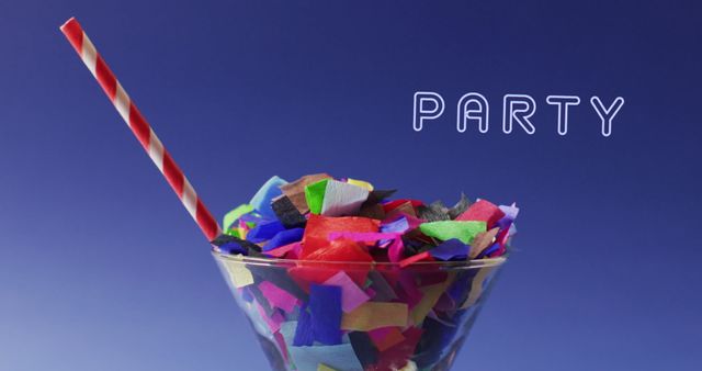 Colorful Confetti in Cocktail Glass with Party Text on Blue Background - Download Free Stock Images Pikwizard.com