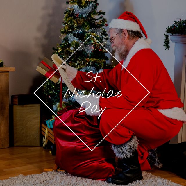 Santa Claus Reading Scroll Near Christmas Tree on St. Nicholas Day - Download Free Stock Templates Pikwizard.com