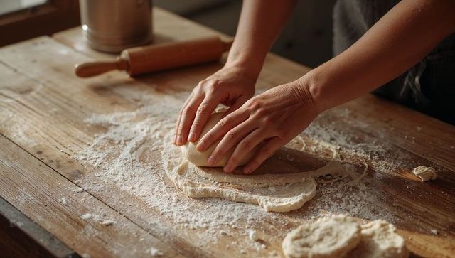 Hands kneading dough on flour-dusted wooden countertop with rolling pin