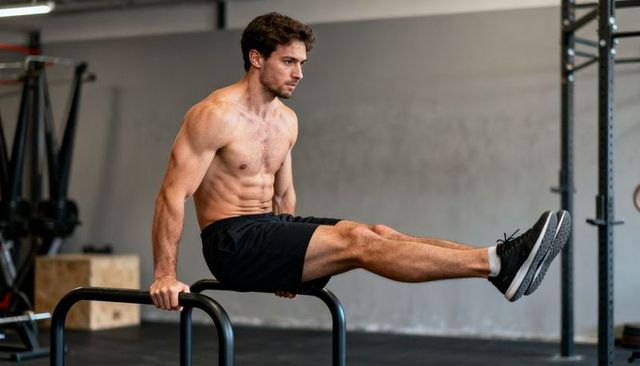 Shirtless athlete performing l-sit on parallettes showcasing core strength and balance