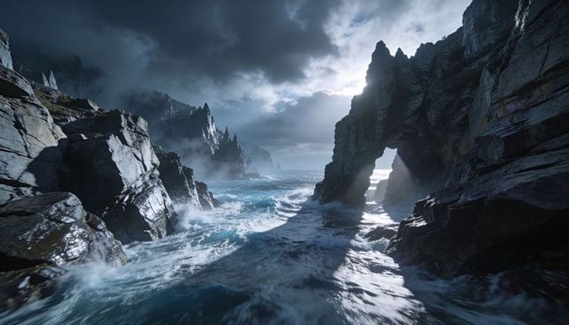 Crashing waves surging through sea arch between rugged coastal cliffs under storm sky