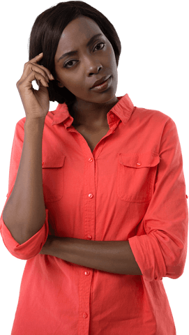 Thoughtful Young Woman in Transparent Red Shirt
