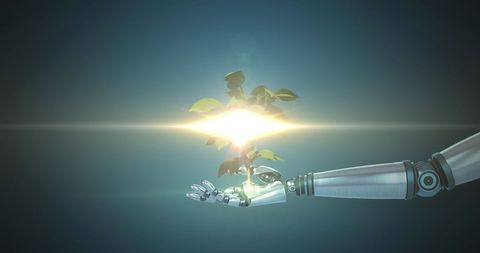 Robot Hand Nurturing Glowing Plant Symbolizing Future Innovation - Download Free Stock Images Pikwizard.com