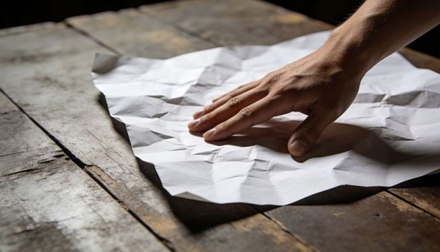 Right hand flattening crumpled white paper on rustic wooden table with dramatic light