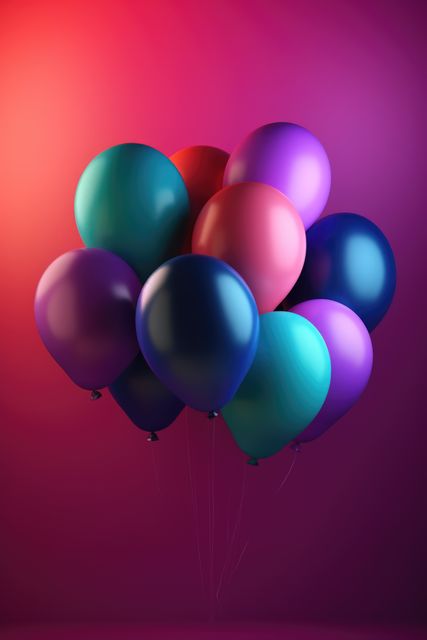 Cluster of vibrant, colorful balloons in purple, teal, red, and blue against a gradient background. Perfect for party invitations, event flyers, and festive decorations. Creates a lively, cheerful atmosphere suitable for birthdays, anniversaries, and other celebratory occasions.