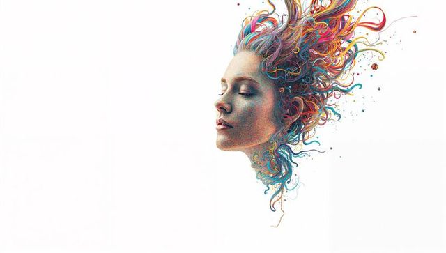 Surreal floating female portrait with colorful ribbon hair and swirling paint splatters