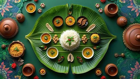 Traditional banana leaf feast with spiced rice and curries, vishu festival