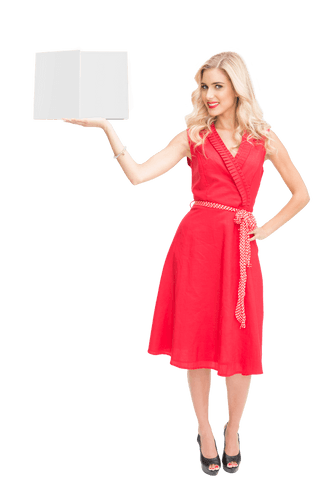 transparent blonde woman showing blank book cover in red dress - Download Free Stock Videos Pikwizard.com