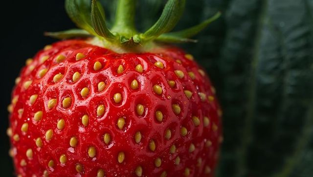 Closeup macro of glossy ripe red strawberry with yellow achenes, calyx and dew