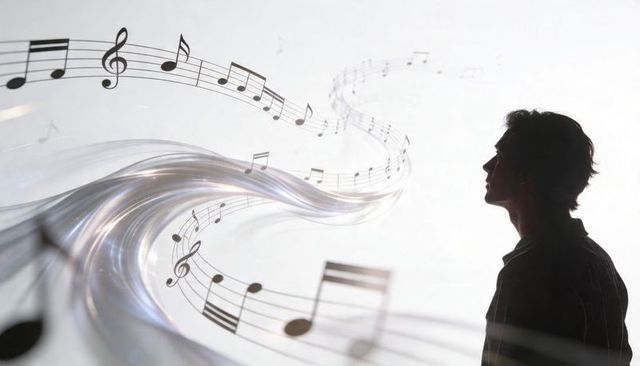 Man silhouette listening to flowing musical notes and pearlescent sound waves abstract