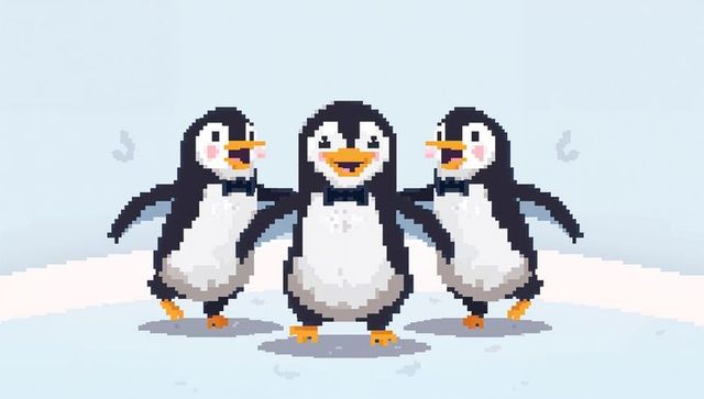 Pixel penguin trio dancing on snowy ice wearing bow ties retro 8-bit cute character scene