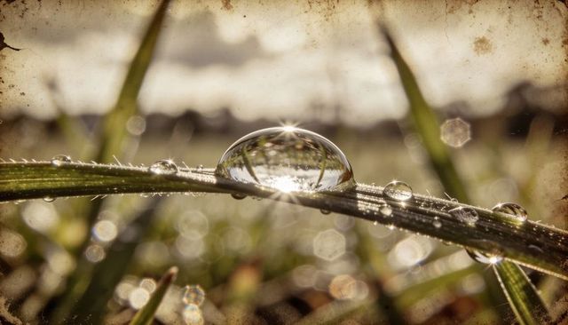 Sunlit morning dew droplet magnifying grass blade with starburst reflection and soft bokeh