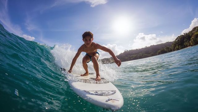 Teen surfer riding turquoise wave at tropical coastline under bright sunlight