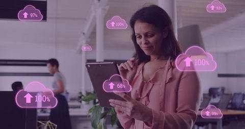 Businesswoman Interacting with Cloud Data in Modern Office