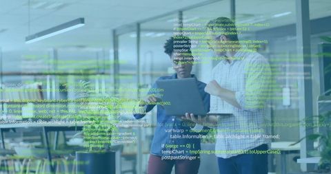Professionals Analyzing Code with Tech Overlay in Modern Office