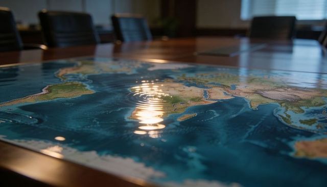 Glossy world map on conference table with reflected light and subtle ripples, boardroom