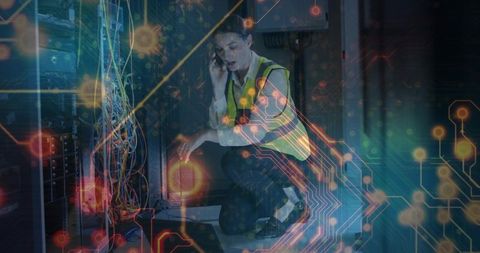 Network technician troubleshooting in data center with futuristic overlay